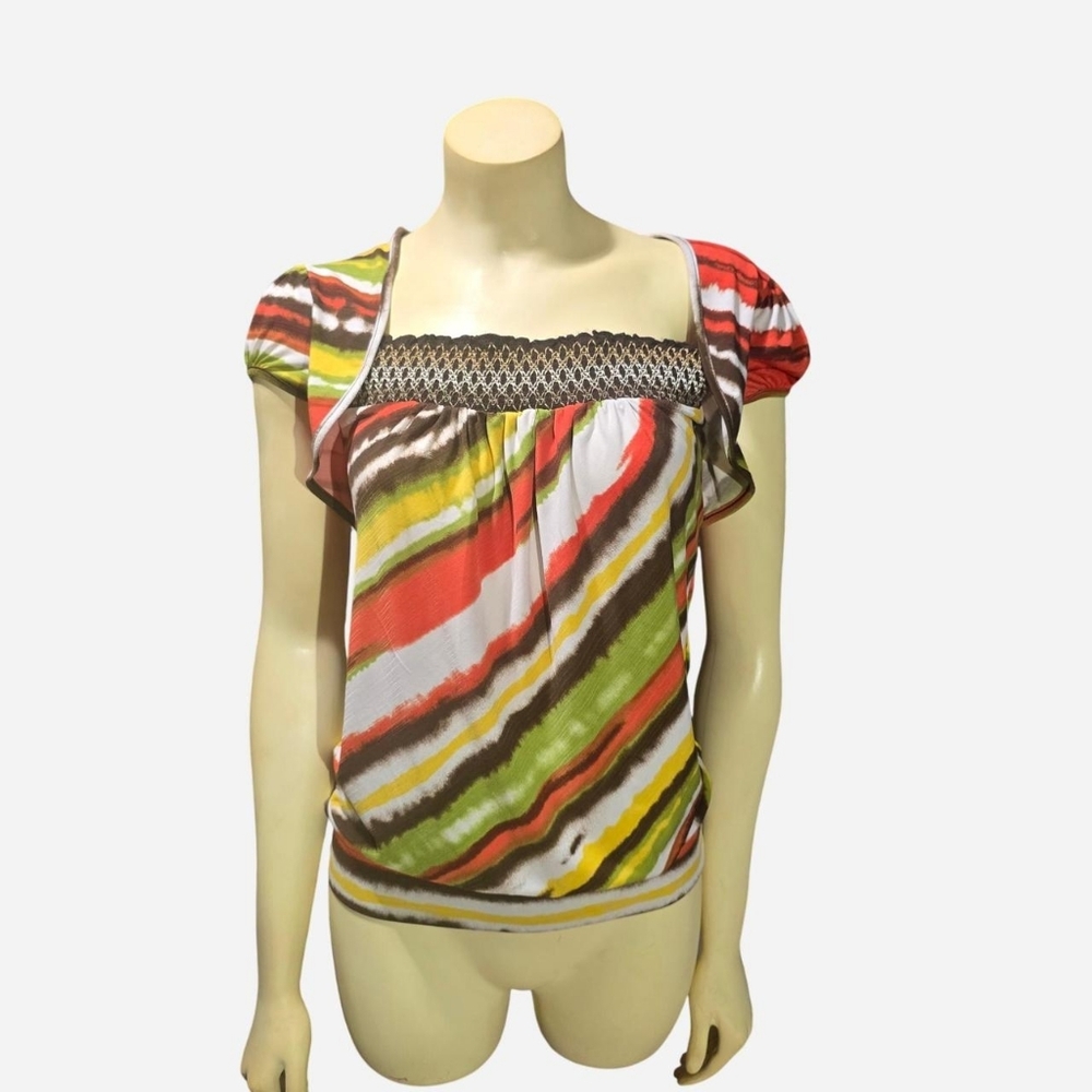 Vtg Y2K Yellow Striped Keyhole Open Back Retro Blouse Eccentric Women Top Size S